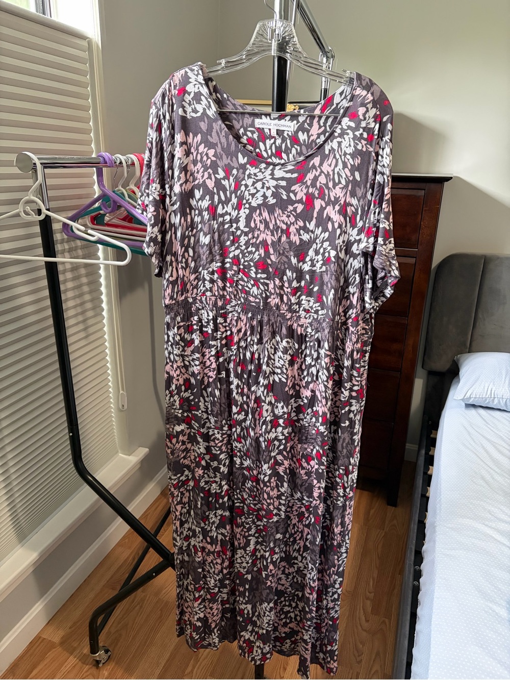 Carole Hochman Gray Midi Dress with Pink & White Print XL